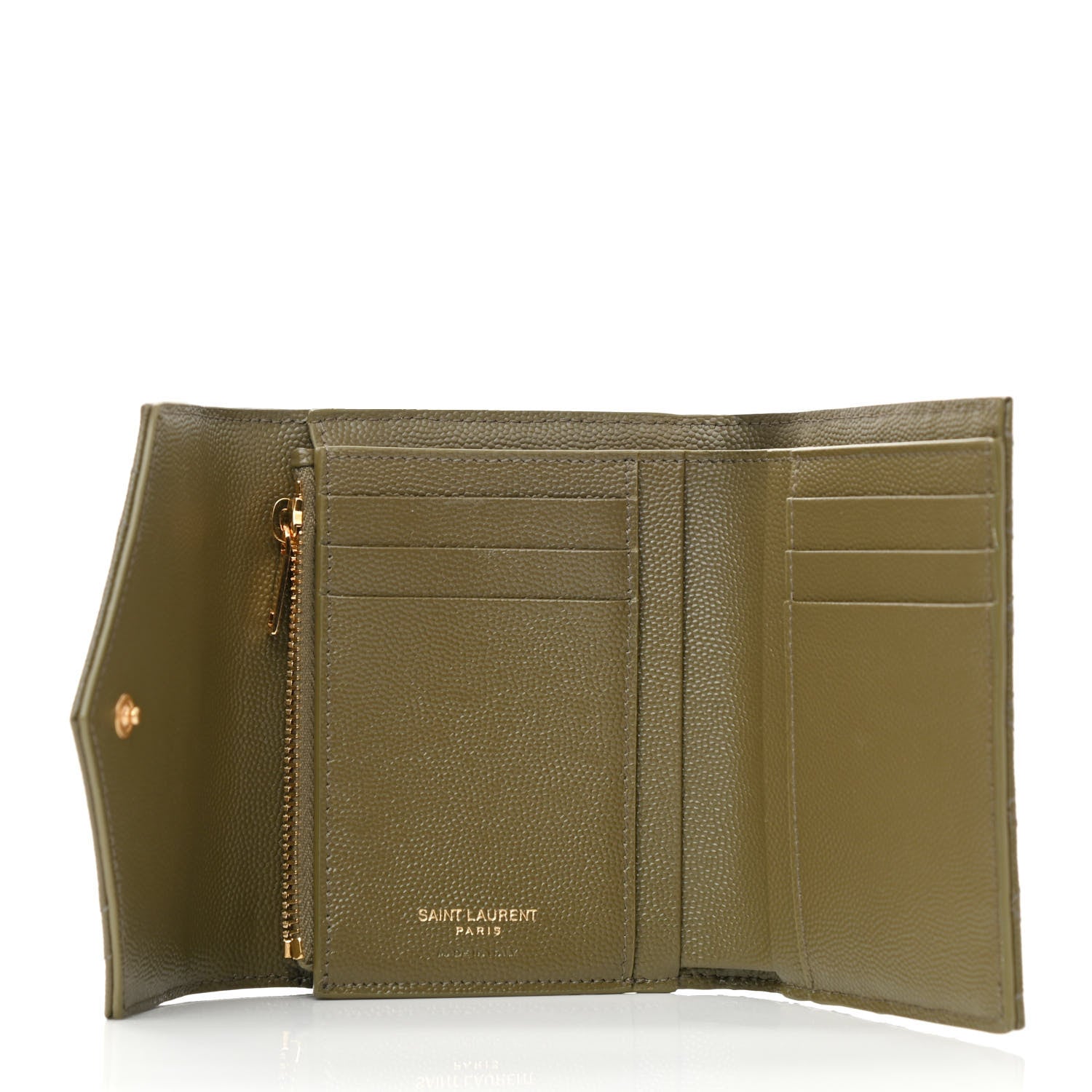 Saint Laurent Grain De Poudre Mixed Matelasse Triquilt Monogram Compact Tri Fold Wallet Vert Kaki 5 of 6