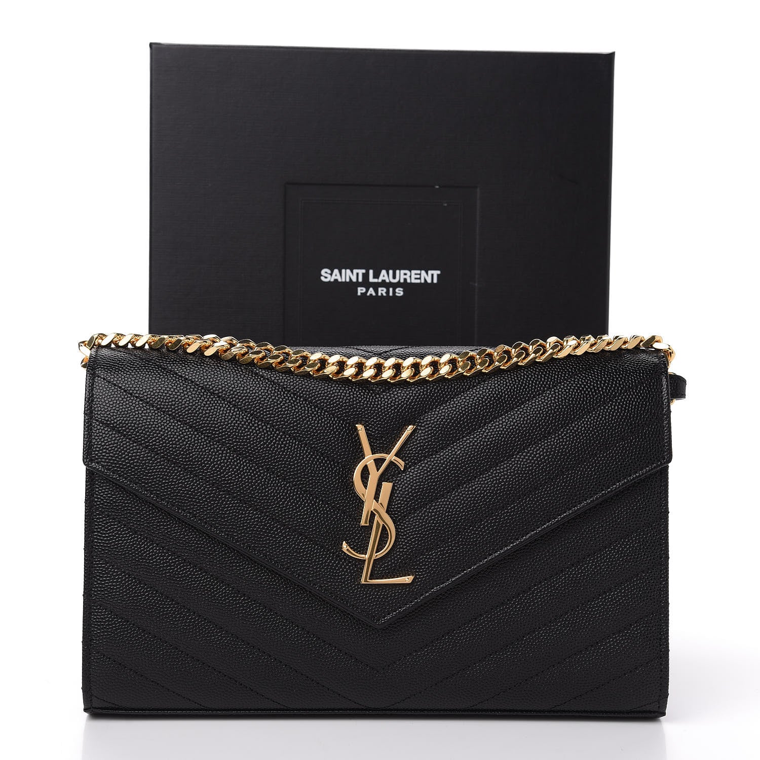 Saint Laurent Grain De Poudre Matelasse Chevron Monogram Chain Wallet Black 10 of 10