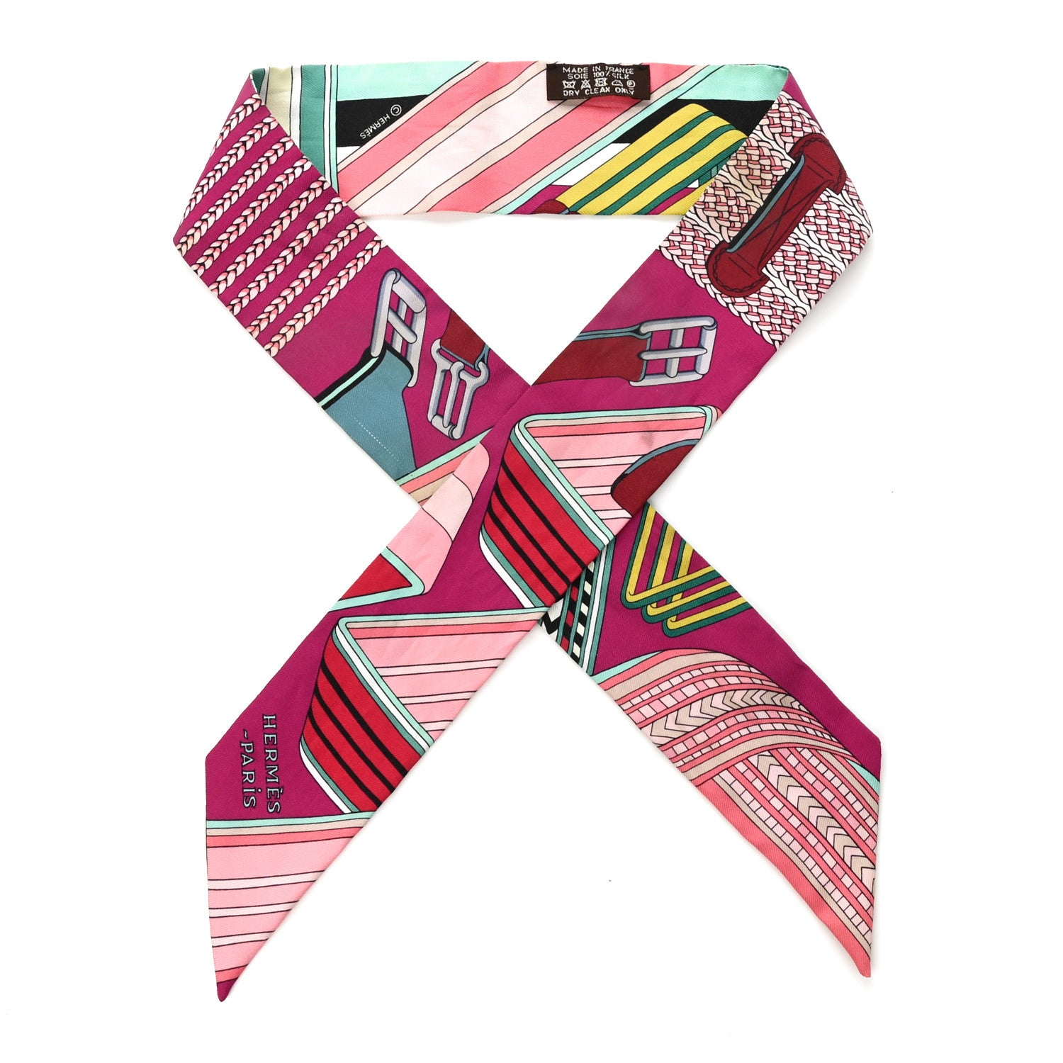 Hermes Silk Sangles En Zigzag Twilly Fuchsia Vert Jaune 1 of 4