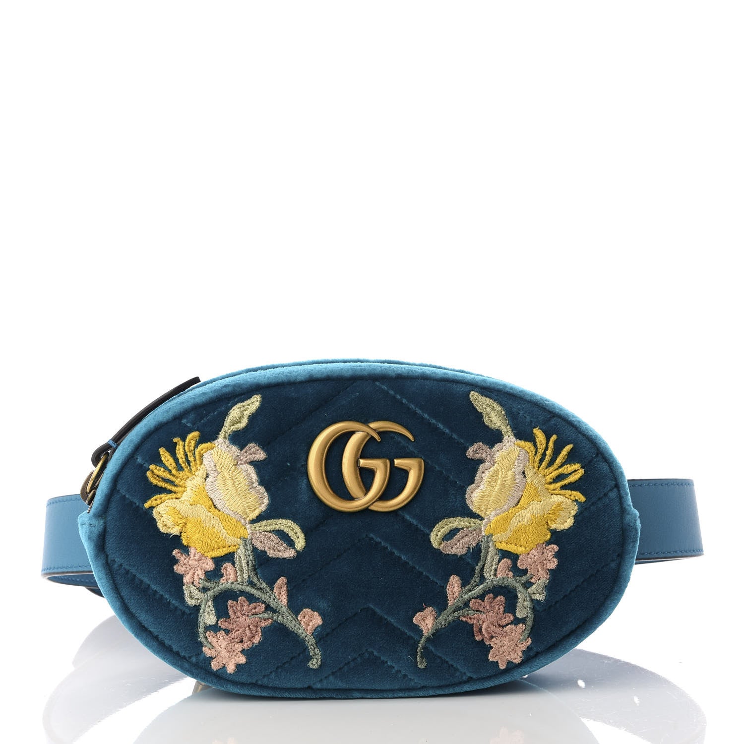 Gucci Velvet Matelasse Embroidered GG Marmont Belt Bag 75 30 Pavone Cyan 2 of 8