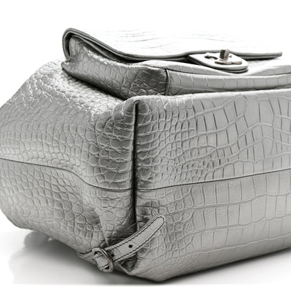 Chanel Metallic Calfskin Crocodile Embossed Large Backpack Silver 9 of 10