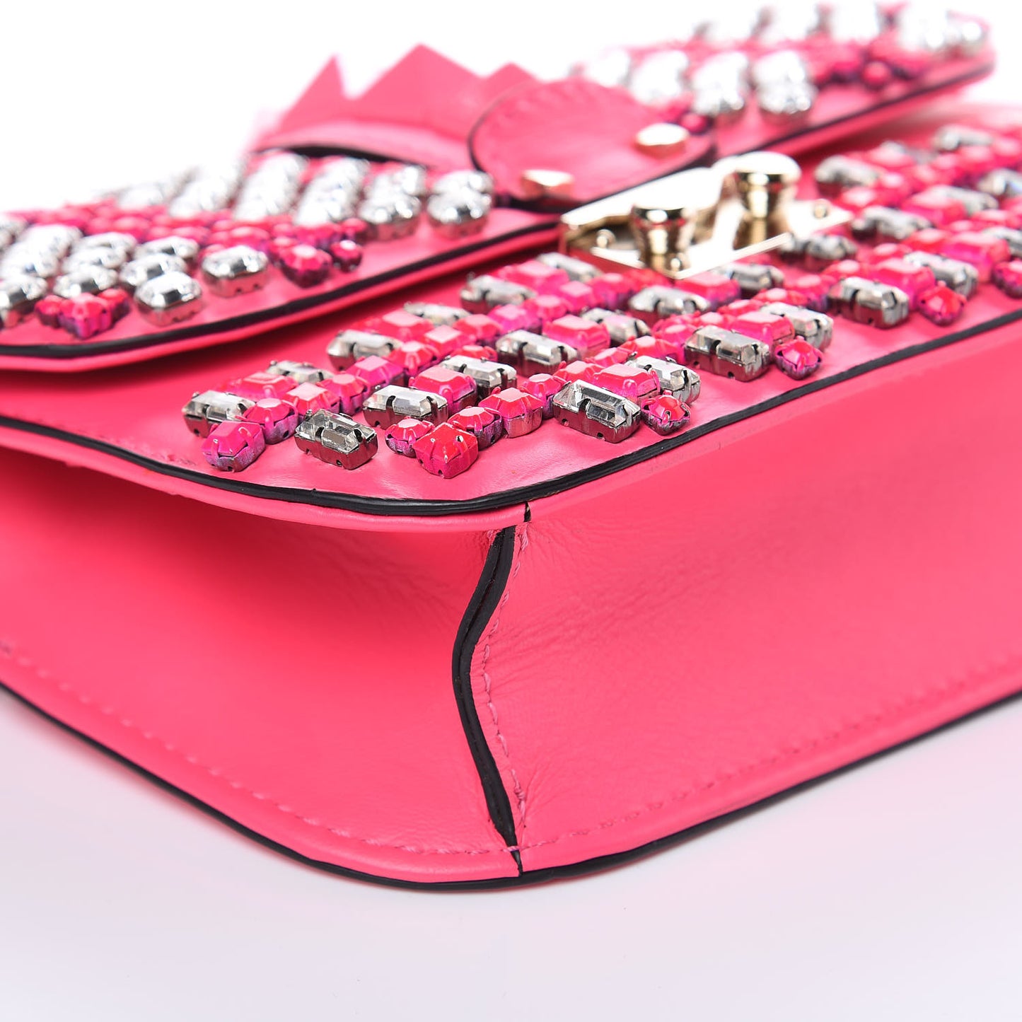 Vitello Crystal Small Glam Lock Rockstud Flap Fuxia Fluo
