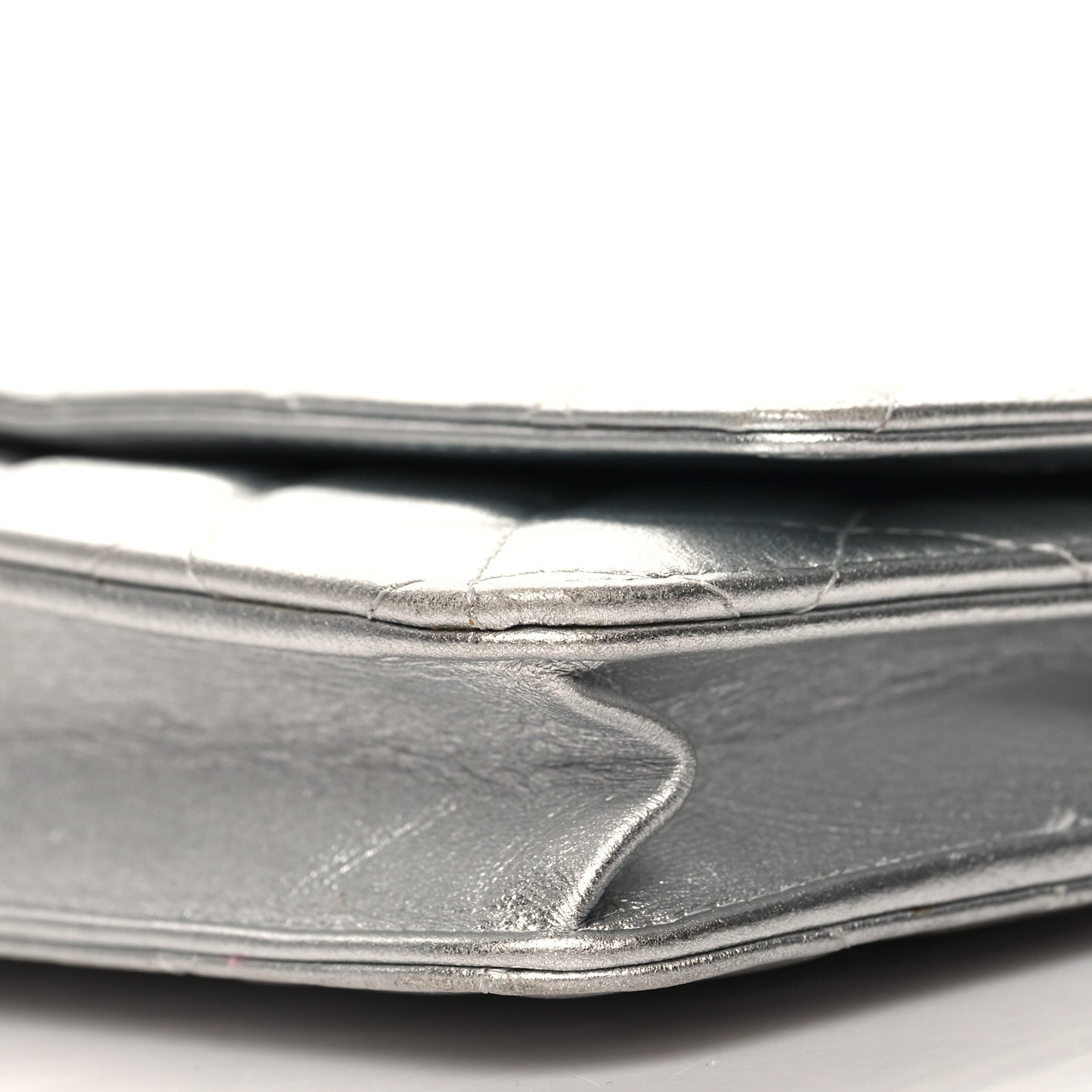 Metallic Lambskin Quilted Wallet On Chain WOC Silver