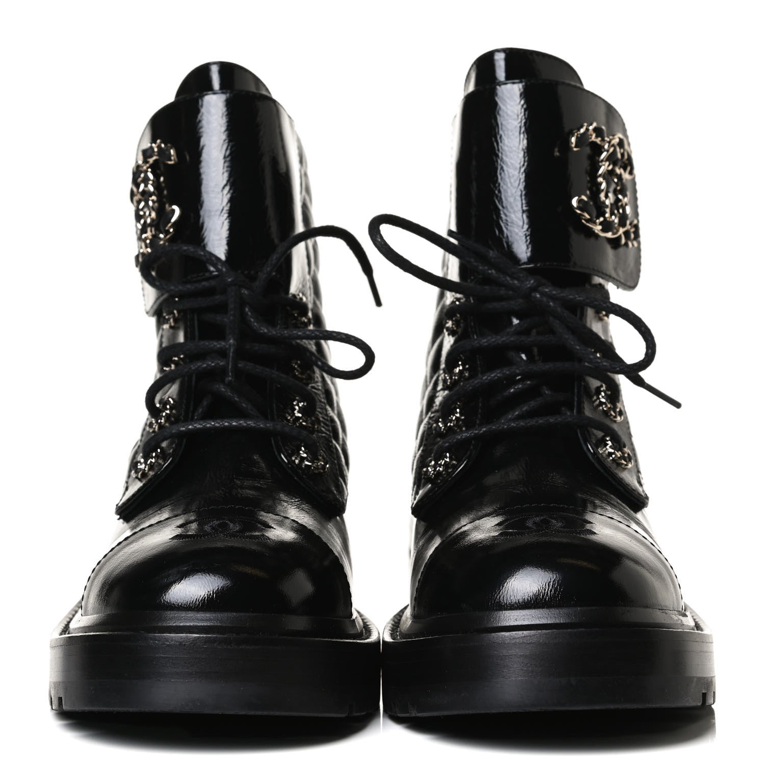 Chanel Shiny Calfskin Quilted Lace Up Combat Boots 38.5 Black 2 of 14