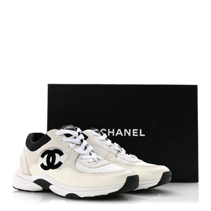Chanel Mesh Suede Calfskin Grained Calfskin Womens CC Sneakers 37.5 White Black 10 of 10