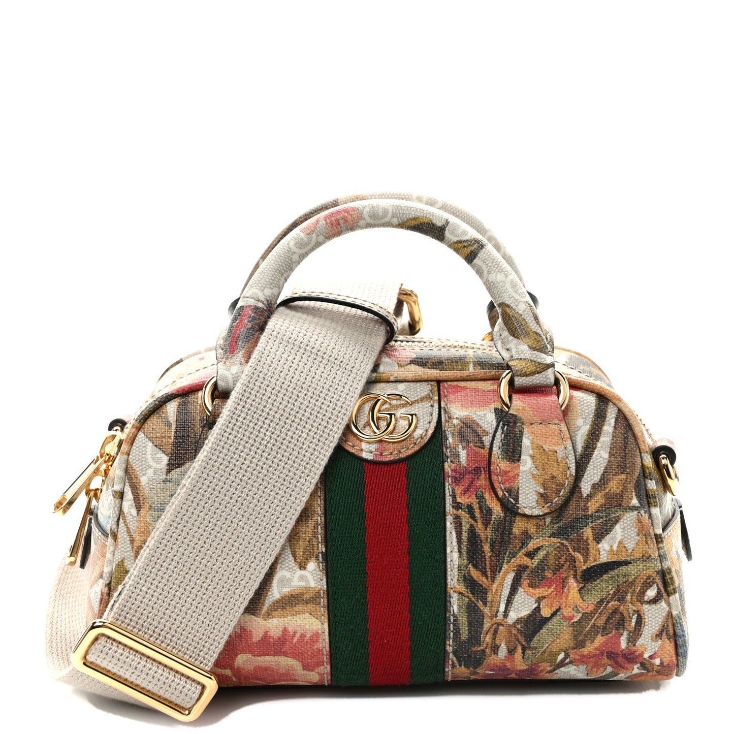 GG Supreme Monogram Water Flora Web Mini Ophidia Top Handle Bowler Bag Beige White Multicolor