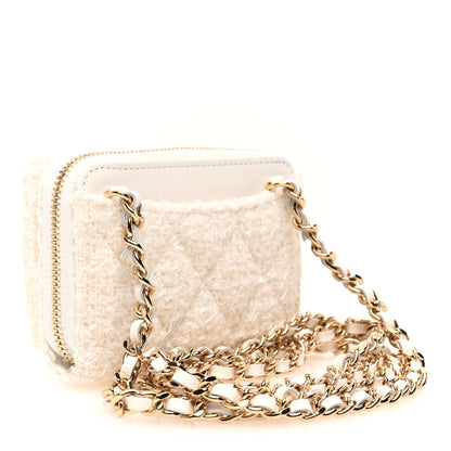 Chanel Tweed Quilted Bow Flap Card Holder On Chain White 3 of 12