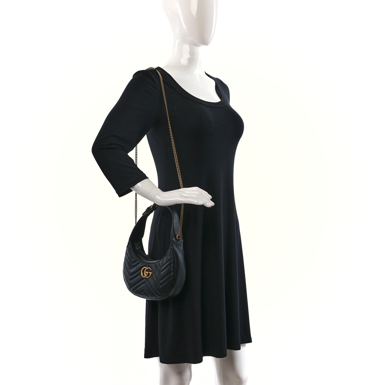 Gucci Calfskin Matelasse Chevron Mini GG Marmont Half Moon Hobo Black 2 of 11