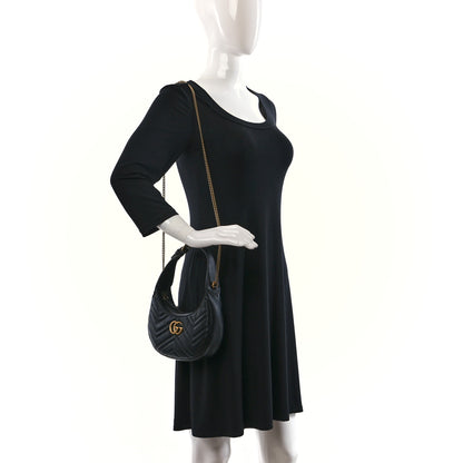 Gucci Calfskin Matelasse Chevron Mini GG Marmont Half Moon Hobo Black 2 of 11