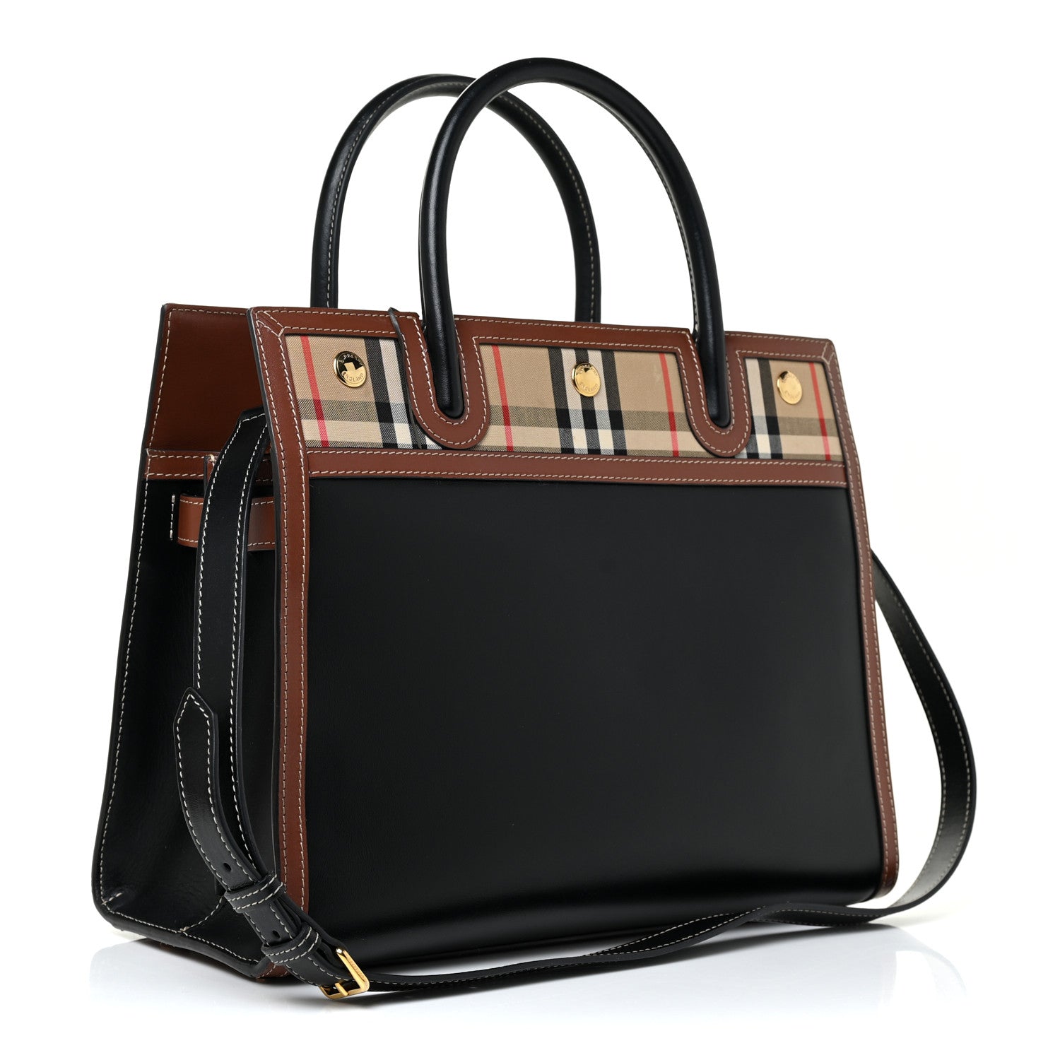 Burberry Calfskin Vintage Check Small Two Handle Title Bag Black 3 of 19