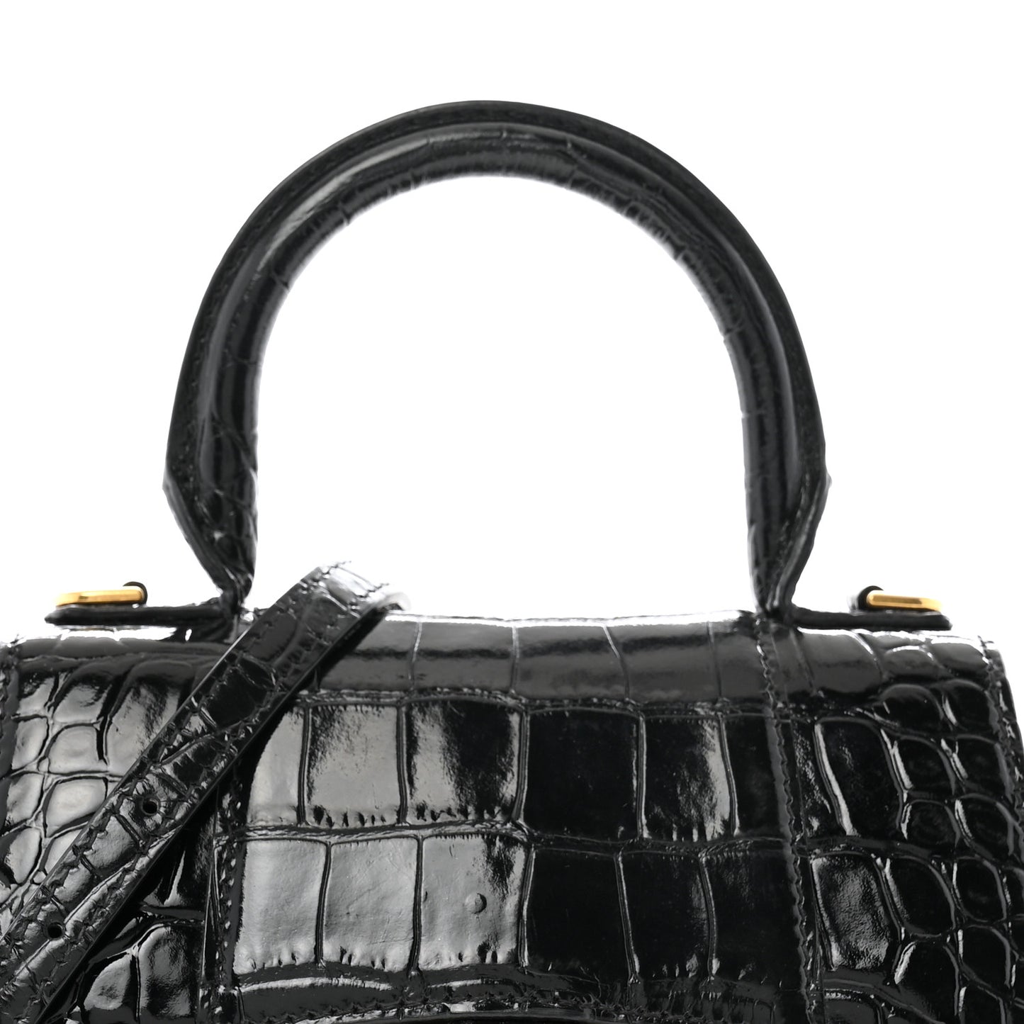 Shiny Calfskin Crocodile Embossed Hourglass Top Handle Bag XS Black