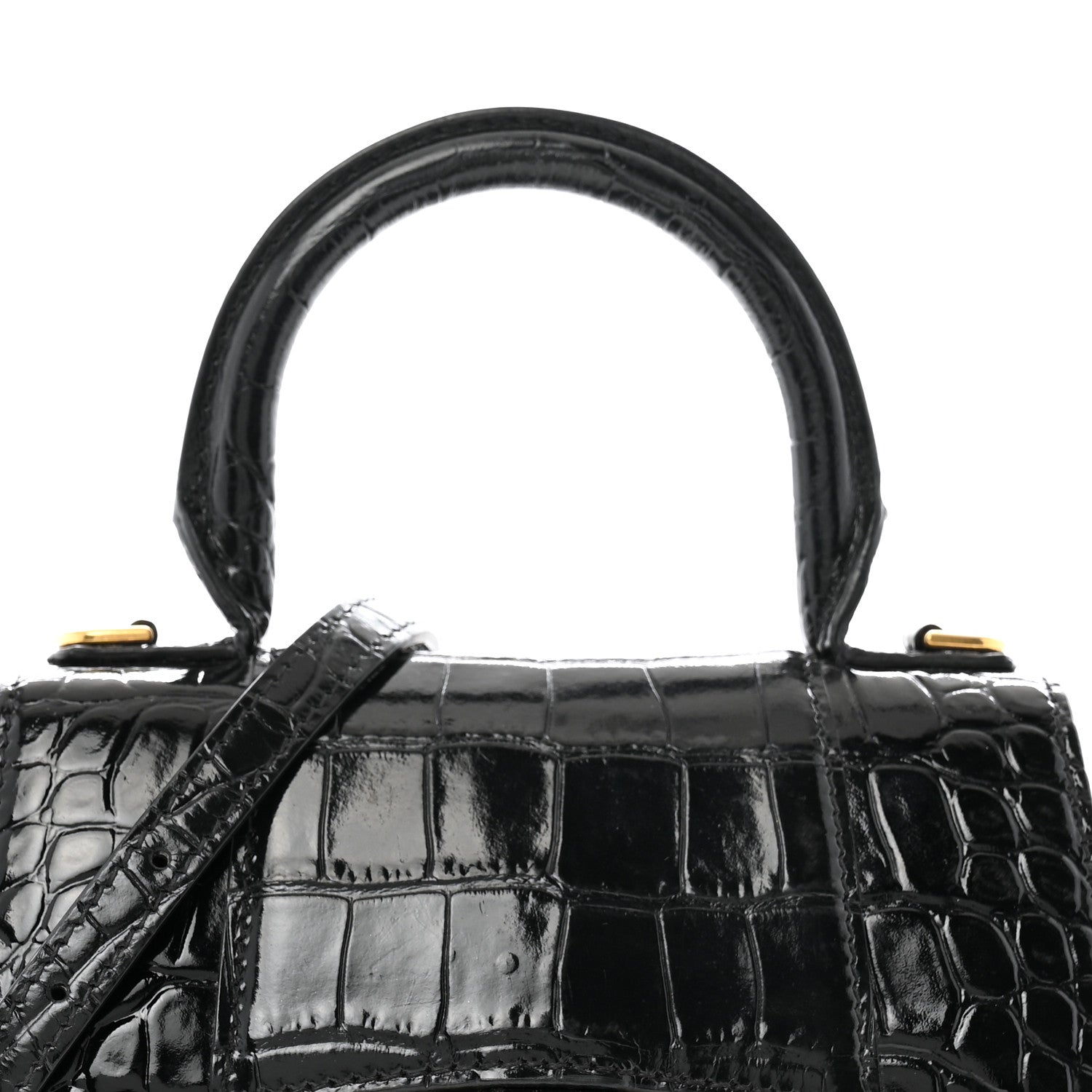 Balenciaga Shiny Calfskin Crocodile Embossed Hourglass Top Handle Bag XS Black 7 of 11
