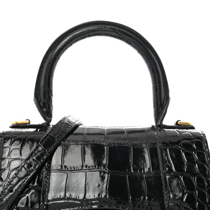 Balenciaga Shiny Calfskin Crocodile Embossed Hourglass Top Handle Bag XS Black 7 of 11