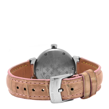 Louis Vuitton Stainless Steel Alligator Diamond Mother of Pearl 28mm Tambour Lovely Quartz Watch 3 of 4