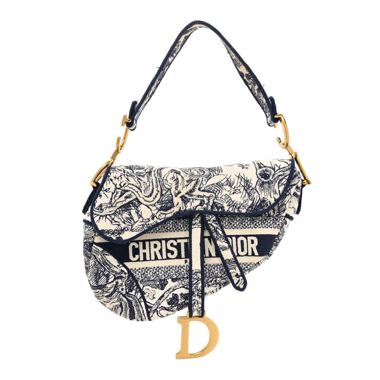 Canvas Embroidered Toile de Jouy Saddle Bag Blue