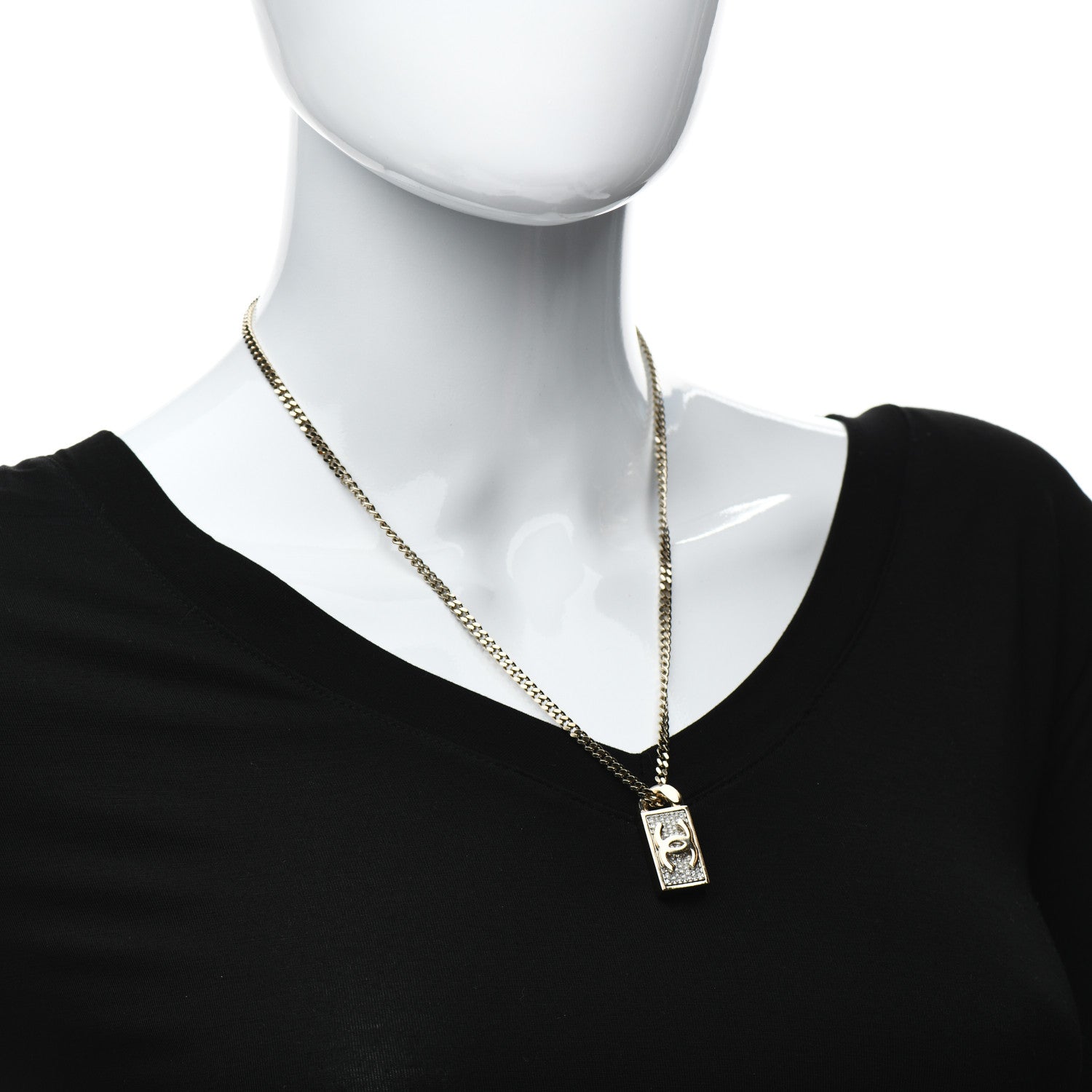 Chanel Crystal Dog Tag Charm Necklace Gold 2 of 4