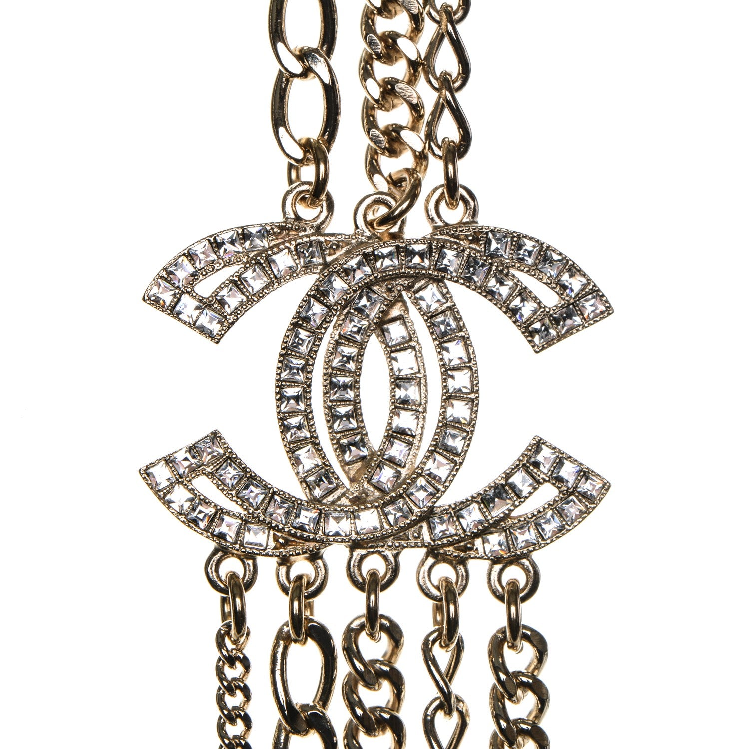 Chanel Multi Strand Chain Baguette Crystal CC Necklace Gold 4 of 5