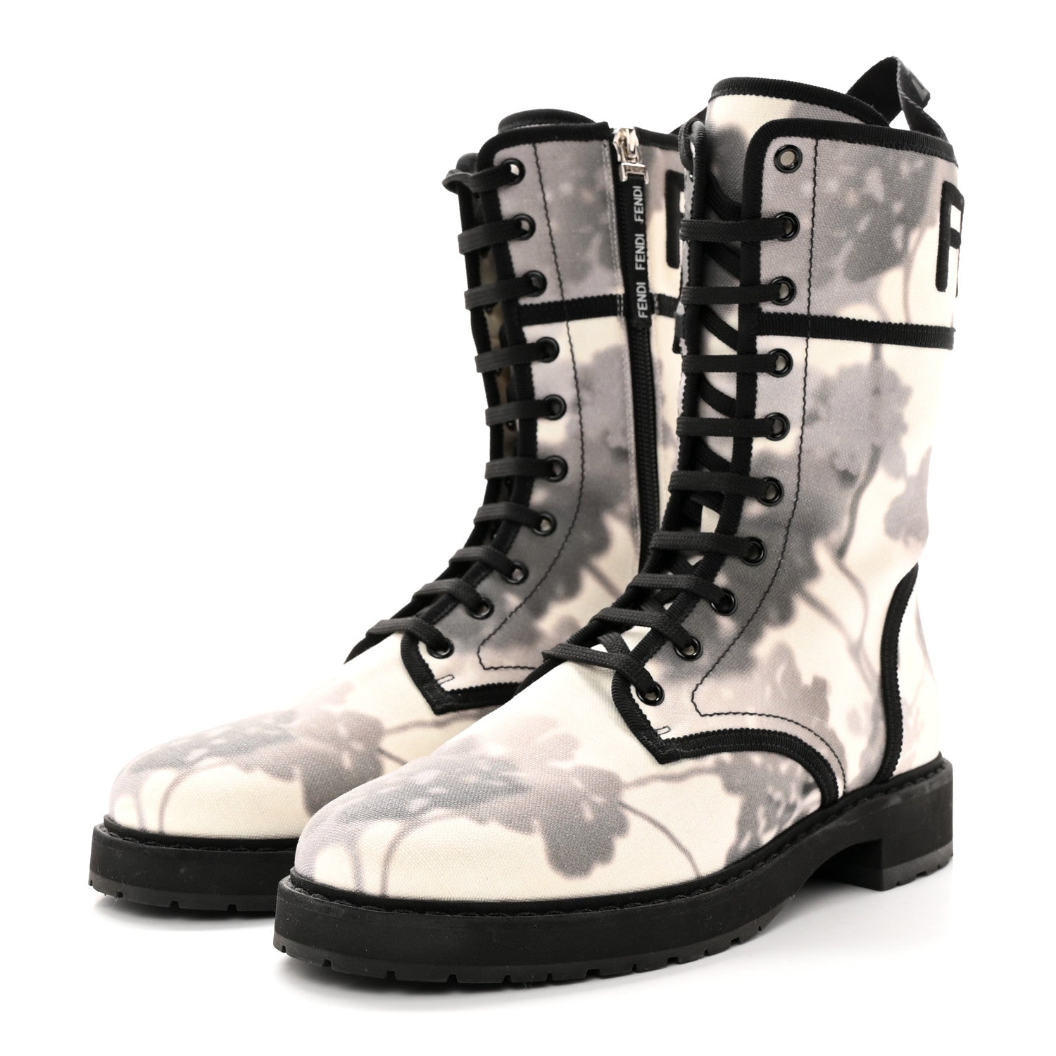 Fendi Canvas Floral Print Logo Bi-Color Womens Biker Boots 40 White Black 3 of 8