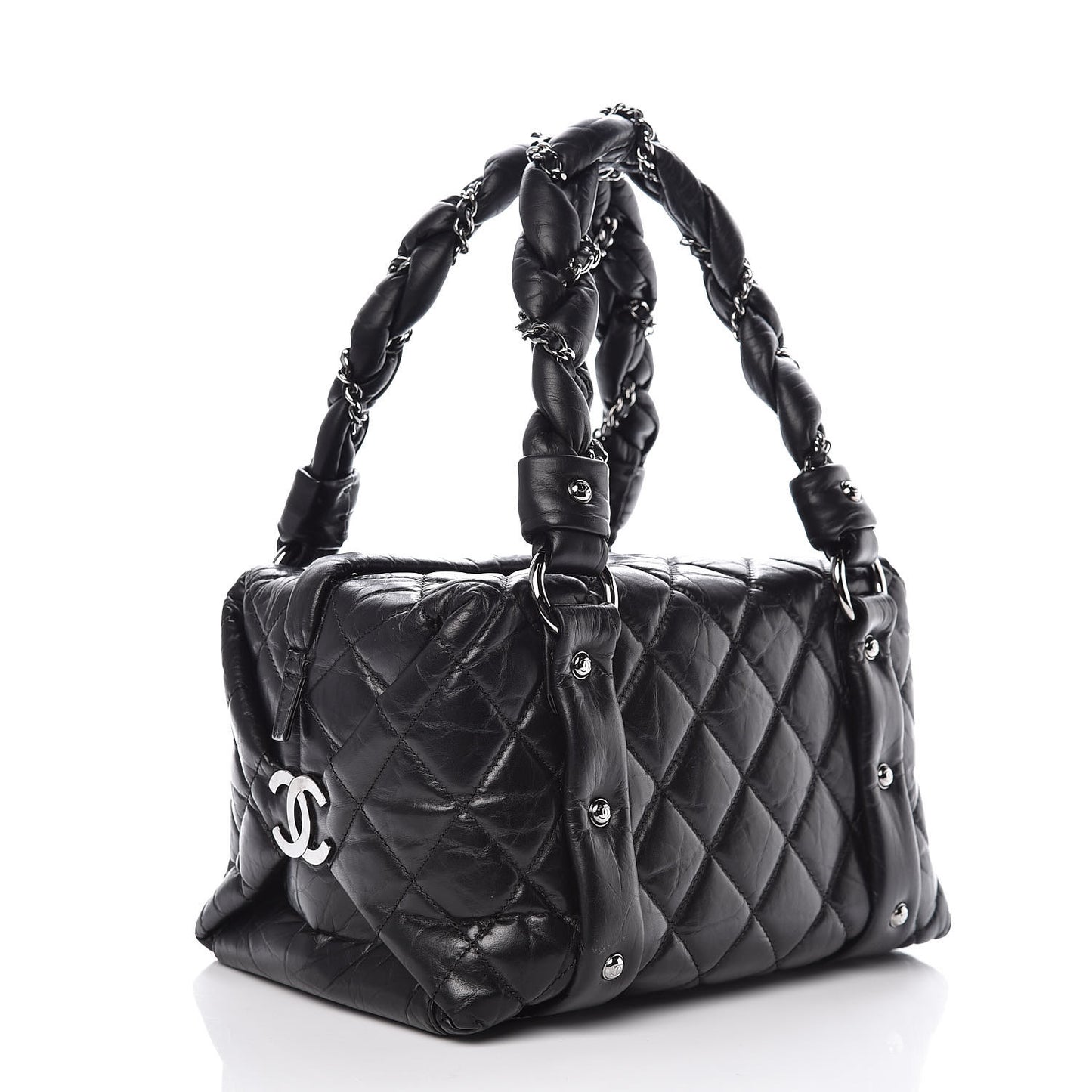 Distressed Lambskin Lady Braid Small Tote Black