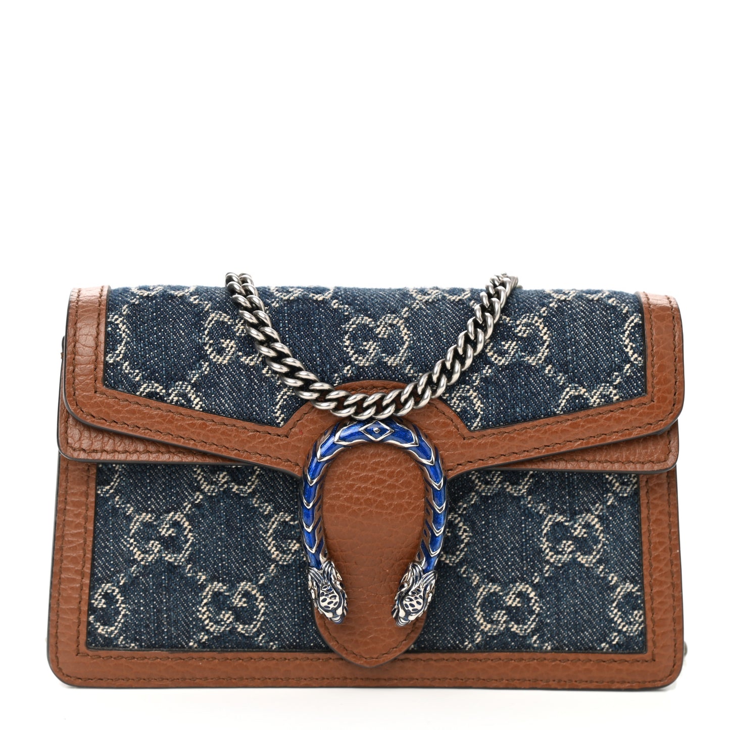 New Denim GG Monogram Dollar Calfskin Enamel Super Mini Dionysus Shoulder Bag Blue Tea Cuir Epilog Electric Blue