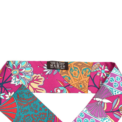 Hermes Silk Fleurs et Papillons de Tissus Twilly Fuchsia Turquoise Beige 4 of 4