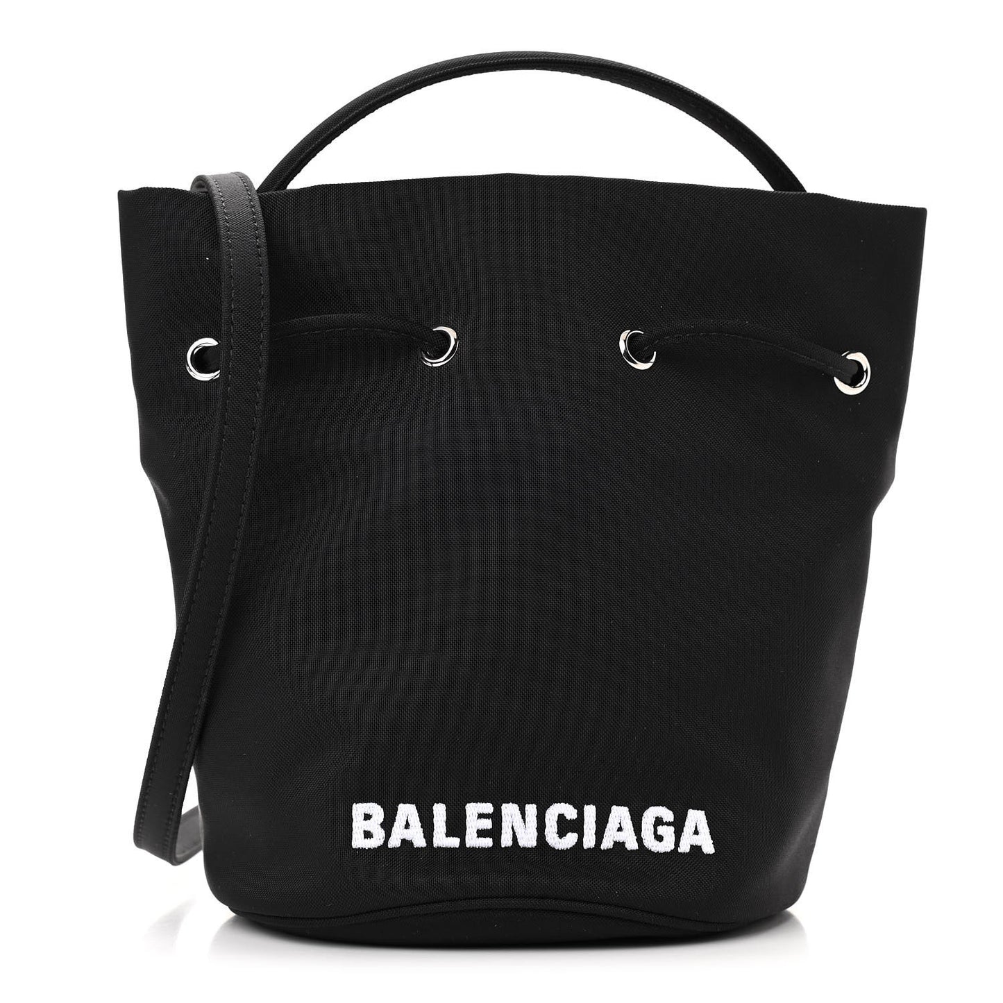 Recycled Sport Nylon Logo Embroidered Wheel Drawstring Bucket Bag Black White