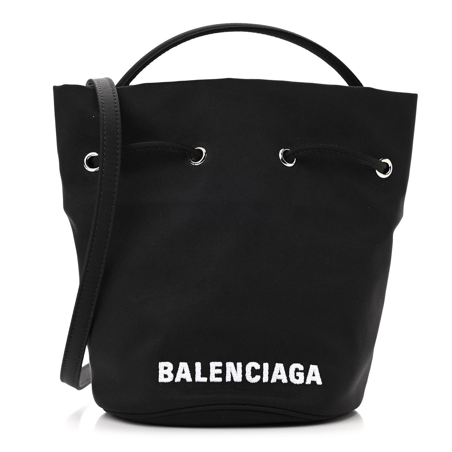 Balenciaga Recycled Sport Nylon Logo Embroidered Wheel Drawstring Bucket Bag Black White 1 of 10