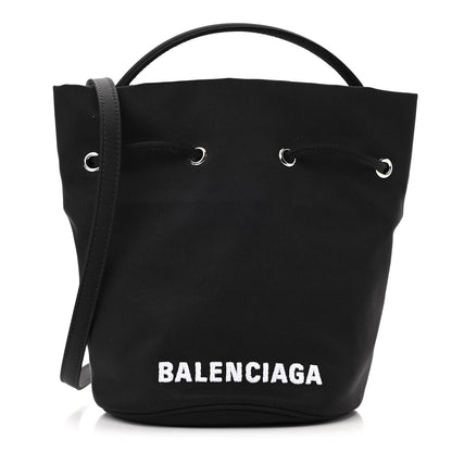 Balenciaga Recycled Sport Nylon Logo Embroidered Wheel Drawstring Bucket Bag Black White 1 of 10