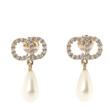 Christian Dior Pearl Crystal CD Drop Earrings Gold 1 of 3