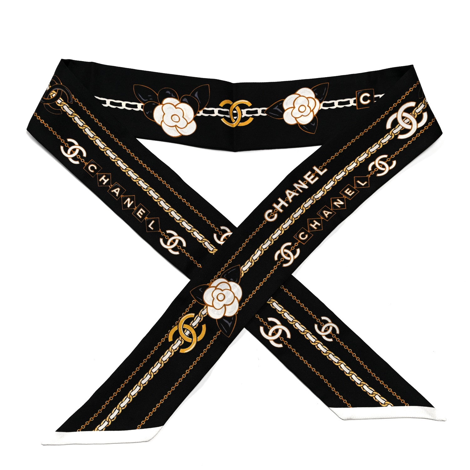 Chanel Silk Twill CC Slim Bandeau Scarf Black Golden 1 of 3