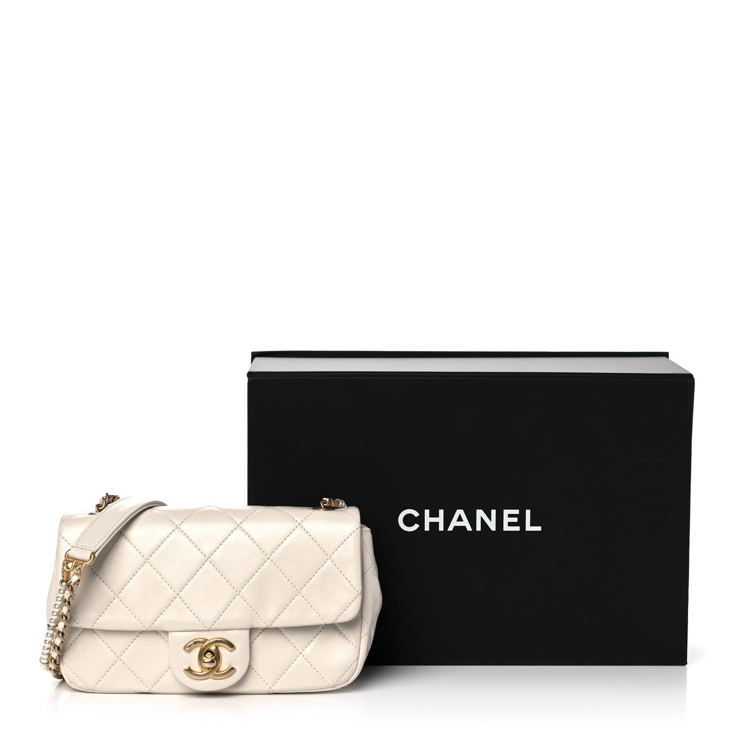 Calfskin Quilted Mini Crystal Pearls Rectangular Flap White