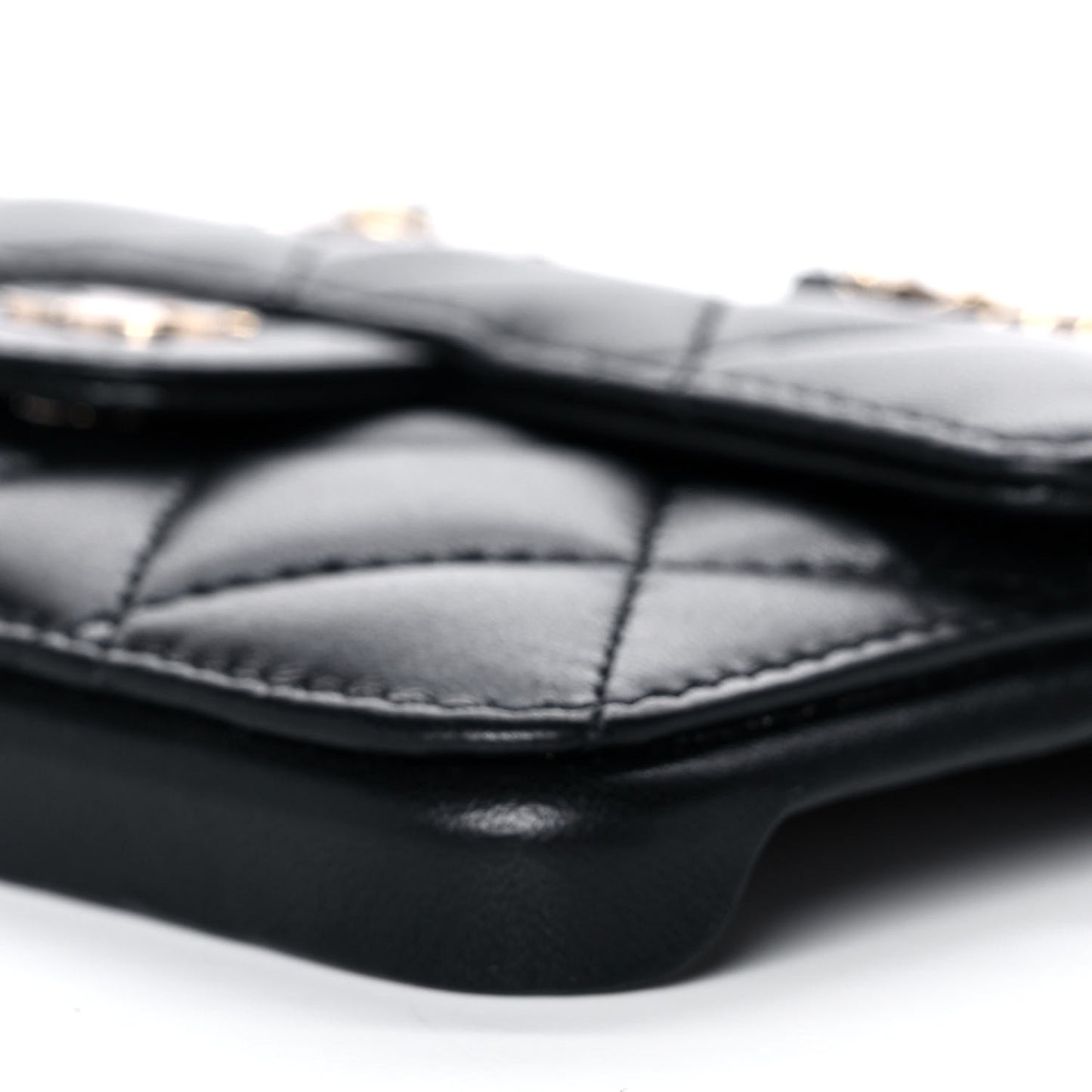 Lambskin Quilted Pearl Crush iPhone XII Pro Holder With Chain Black