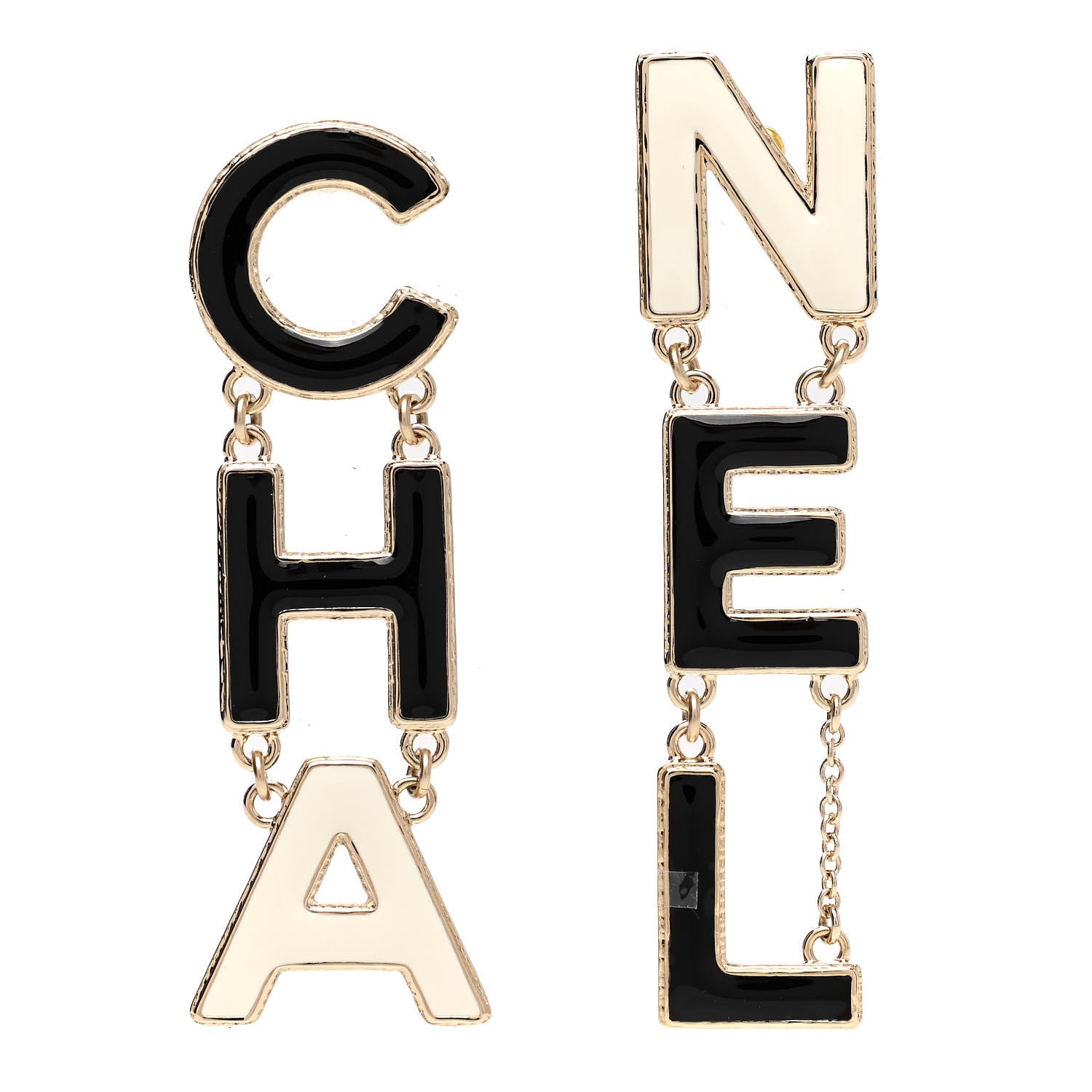 Chanel Metal Enamel Cha-Nel Logo Drop Earrings Black White 5 of 9