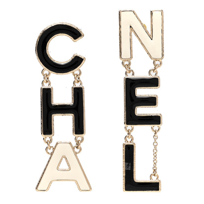Chanel Metal Enamel Cha-Nel Logo Drop Earrings Black White 5 of 9