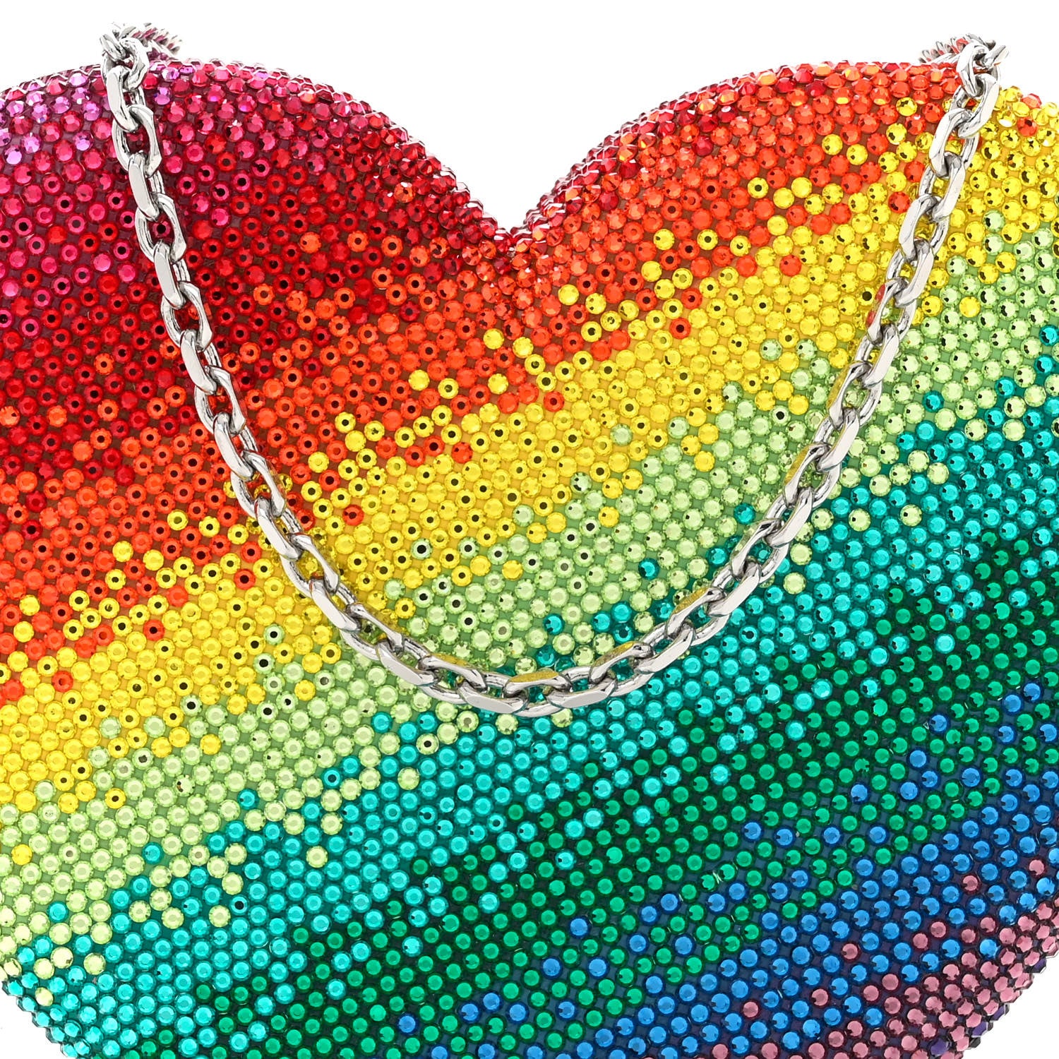 Judith Leiber Crystal Rainbow Heart Minaudiere Clutch Silver