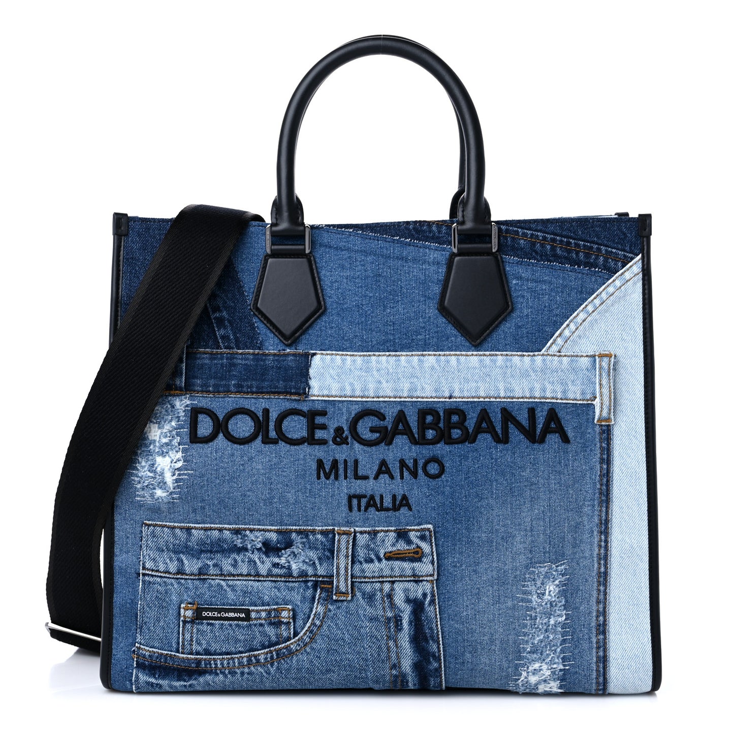 Large Denim Patchwork Shopping Tote Blue Black