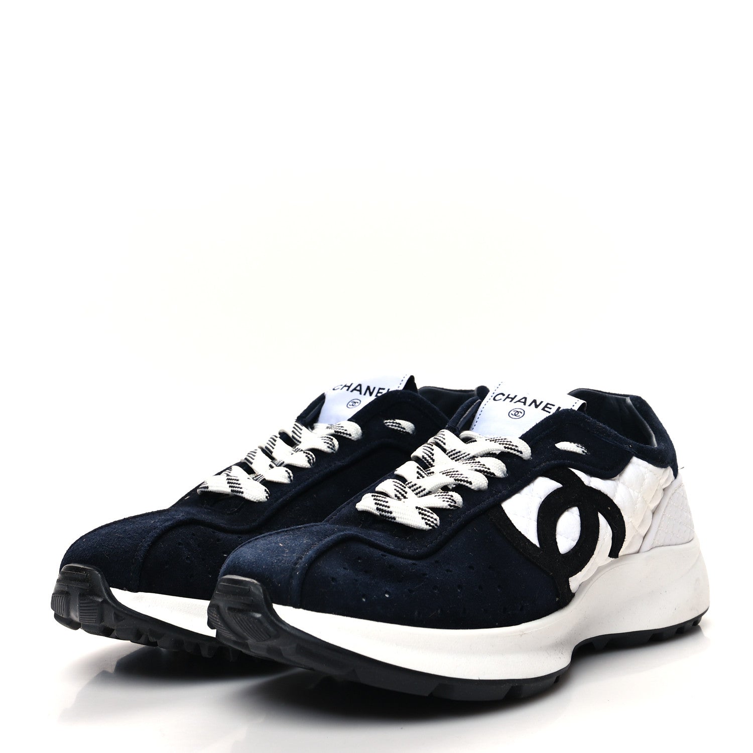Chanel Fabric Suede Kidskin CC Sneakers 39.5 Navy White 3 of 9