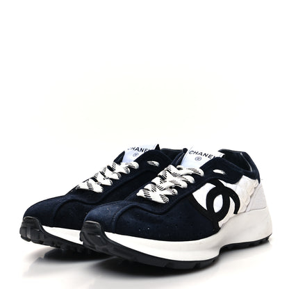 Chanel Fabric Suede Kidskin CC Sneakers 39.5 Navy White 3 of 9