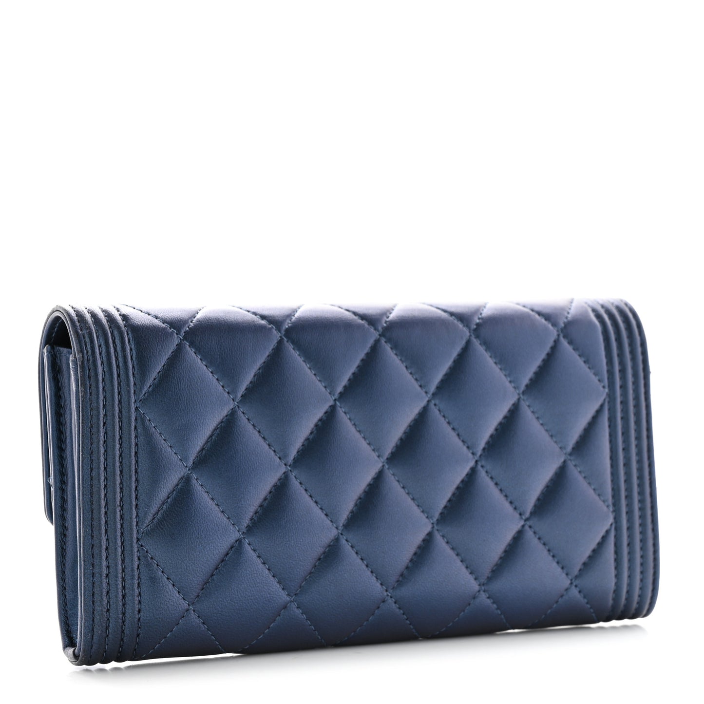 Metallic Lambskin Quilted Large Boy Gusset Flap Wallet Blue