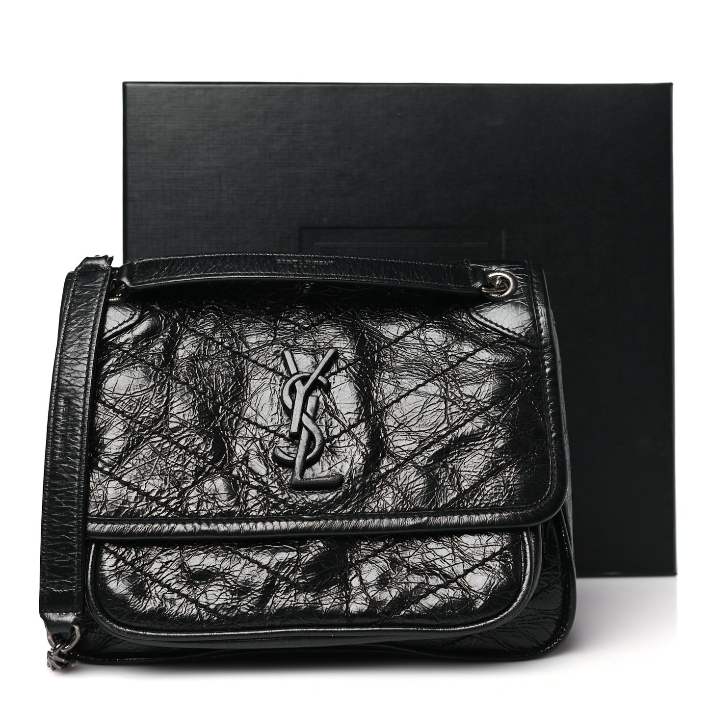 Crinkled Calfskin Matelasse Monogram Baby Niki Chain Satchel Black
