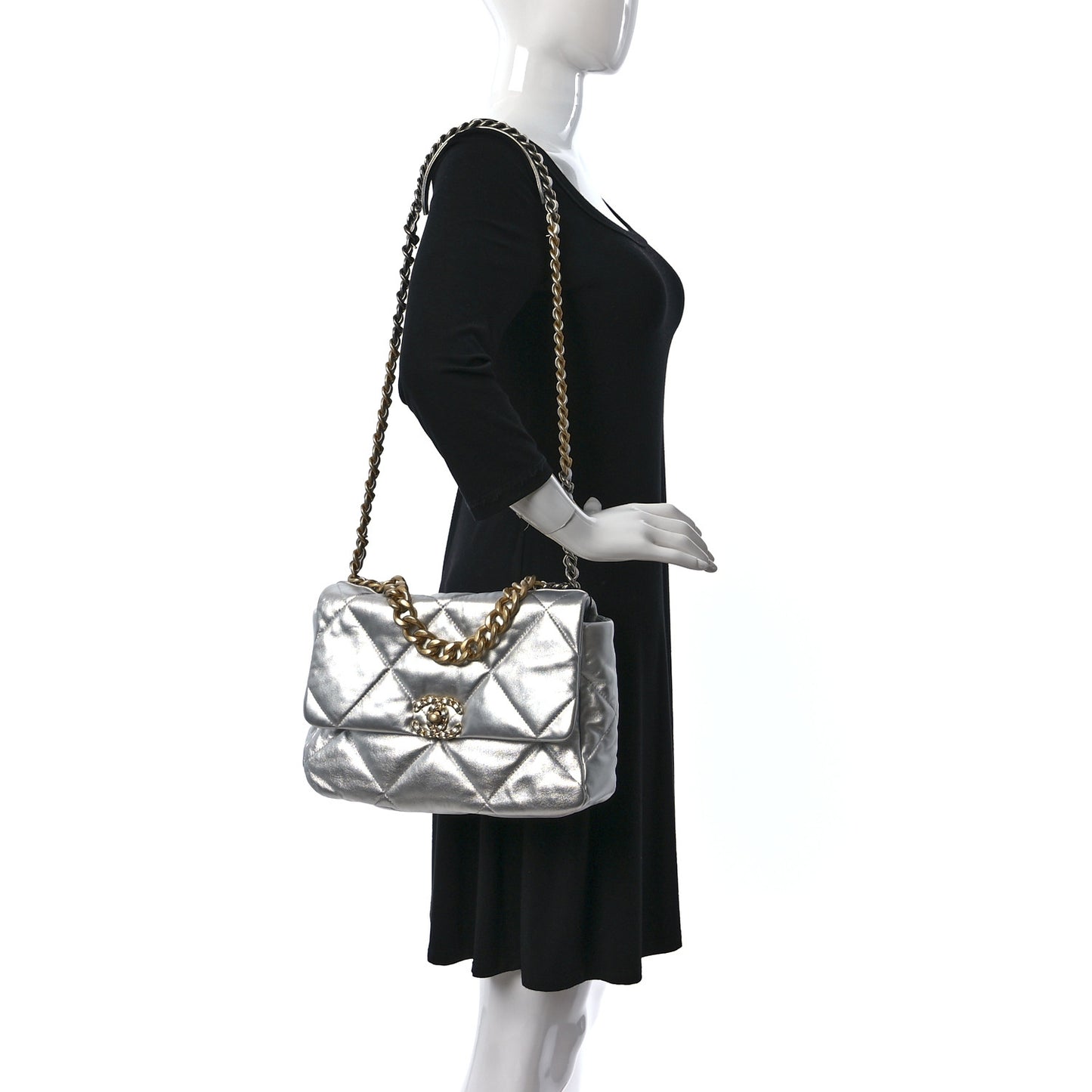 Metallic Lambskin Quilted Large Chanel 19 Flap Silver