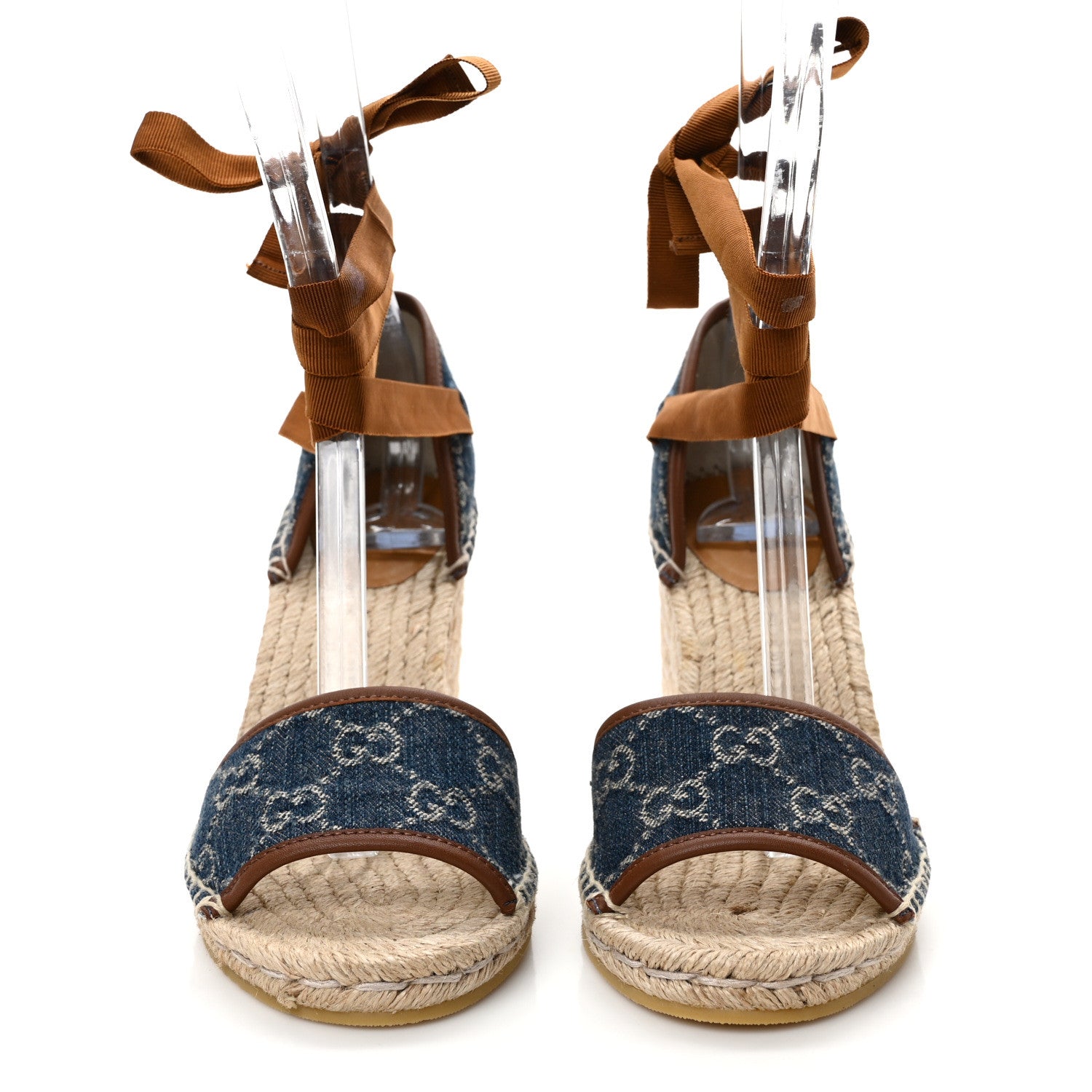 Gucci New Denim GG Monogram Ankle Wrap Espadrille Wedge Sandals 38.5 Blue Tea Cuir Epilog 2 of 8