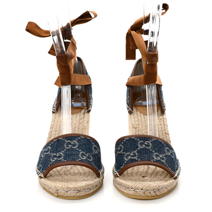 Gucci New Denim GG Monogram Ankle Wrap Espadrille Wedge Sandals 38.5 Blue Tea Cuir Epilog 2 of 8