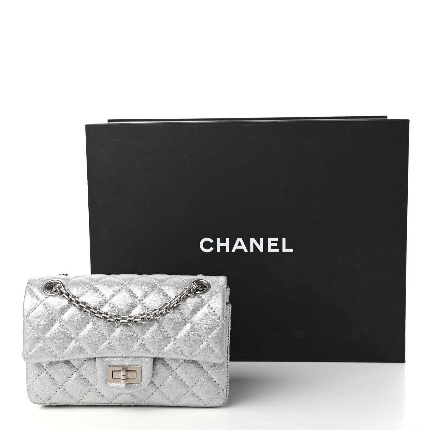 Metallic Grained Calfskin Quilted 2.55 Reissue Mini Flap Silver