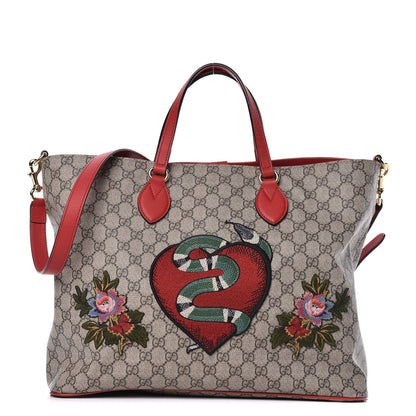 Gucci Soft GG Supreme Monogram Kingsnake Heart Embroidered Medium Crossbody Tote Beige Hibiscus Red 1 of 10
