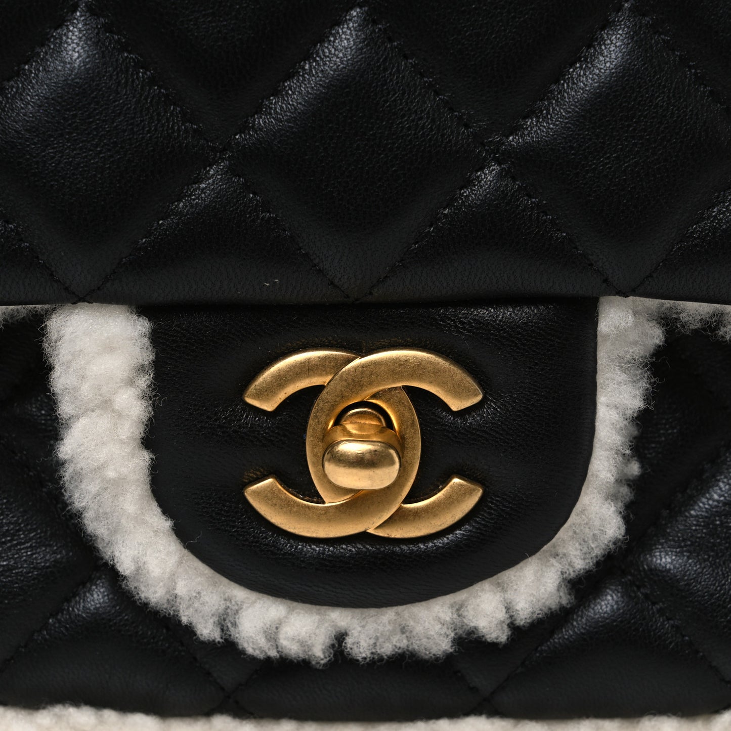 Lambskin Shearling Large CC Flap Bag Black White