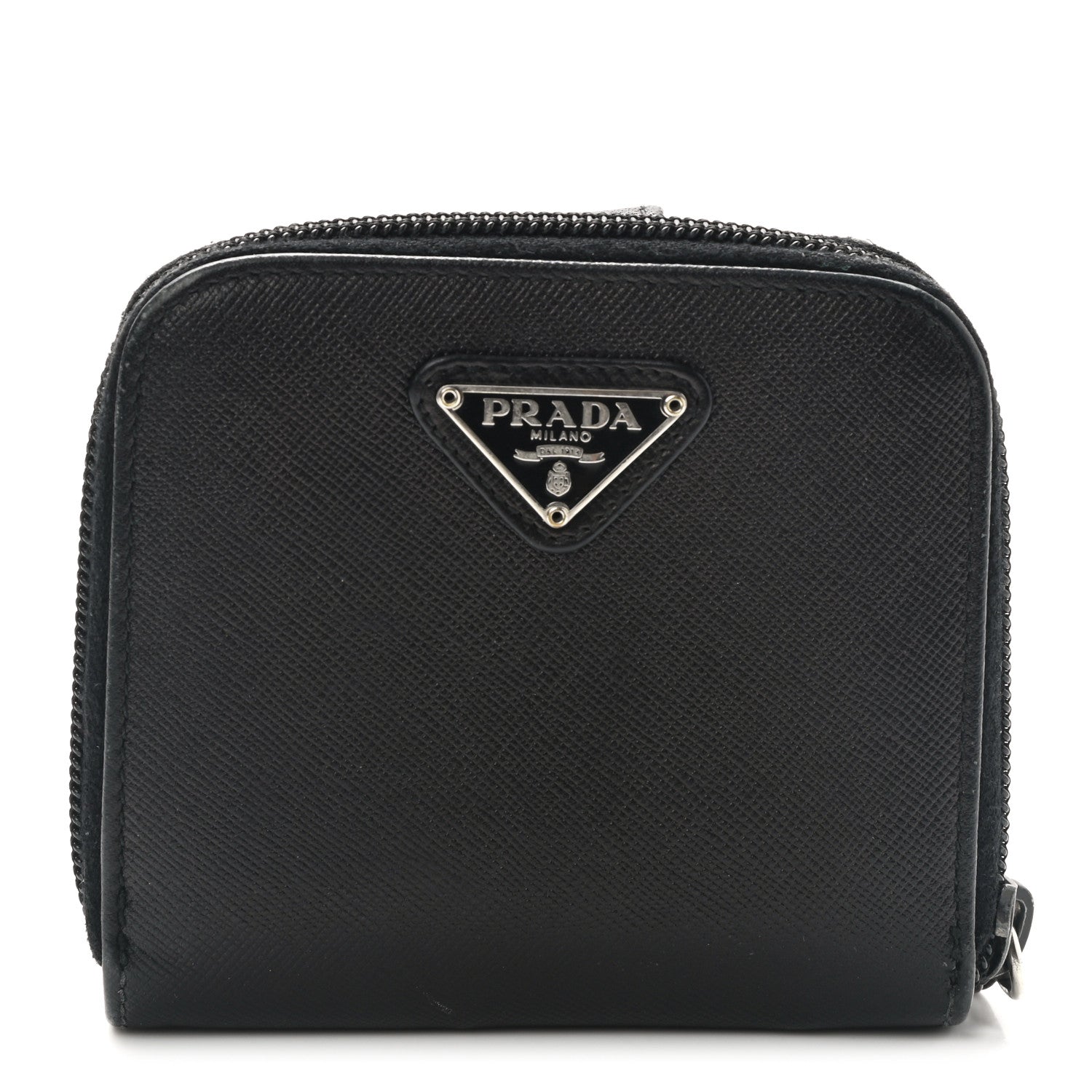 Prada Saffiano Metal Compact Zip Around Wallet Black 1 of 9