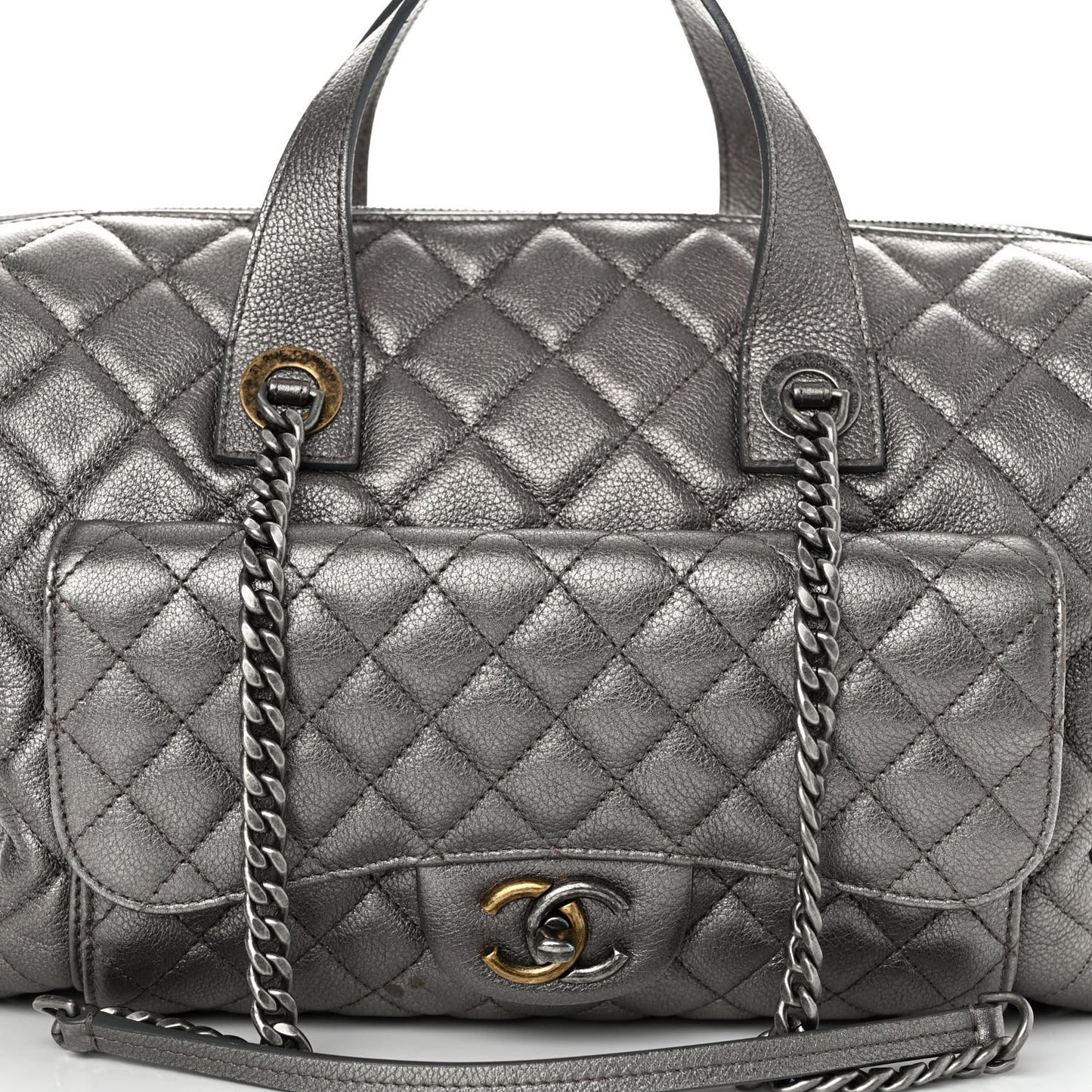 Metallic Grained Calfskin Quilted Large Casual Pocket Bowling Bag