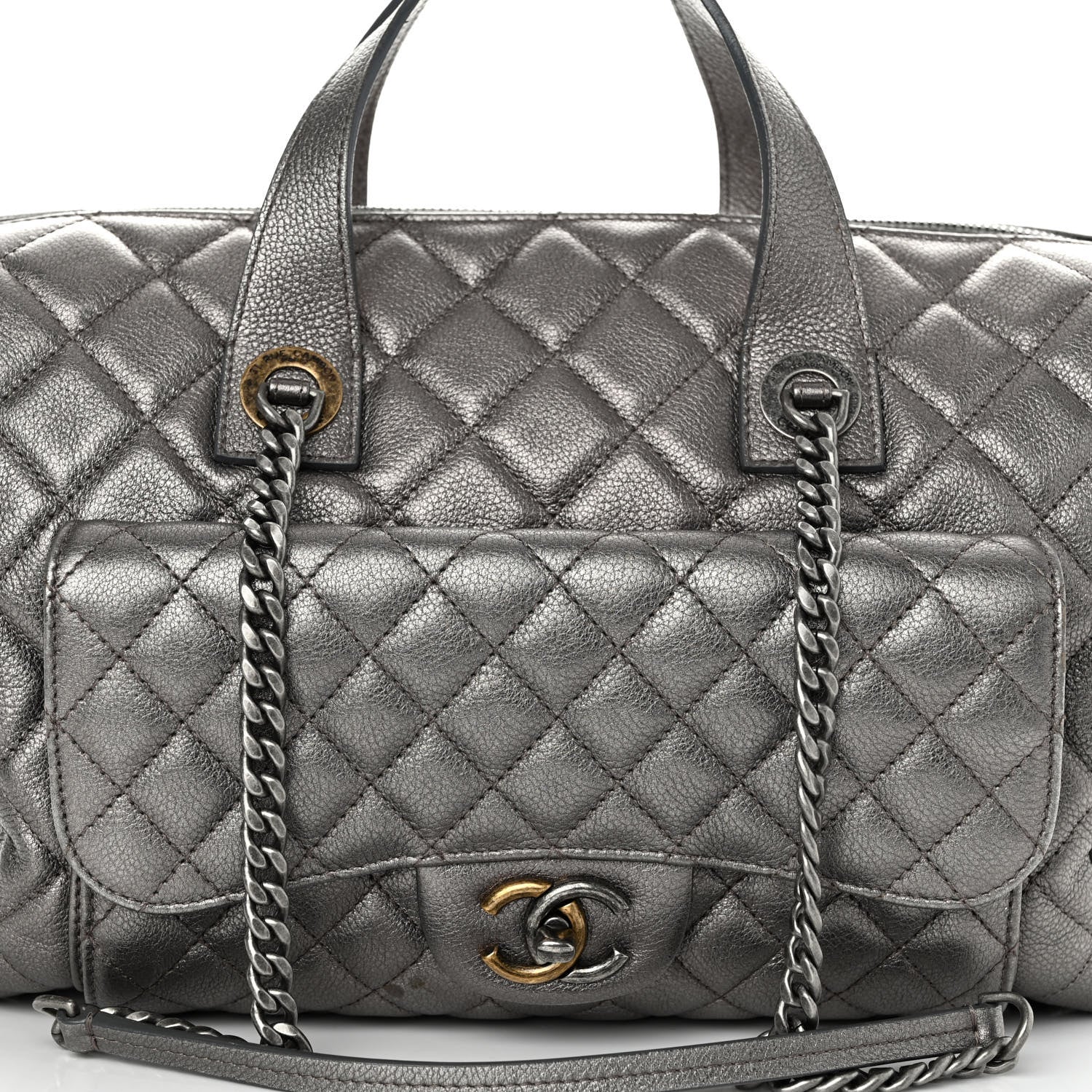 Chanel Metallic Grained Calfskin Quilted Large Casual Pocket Bowling Bag 7 of 9