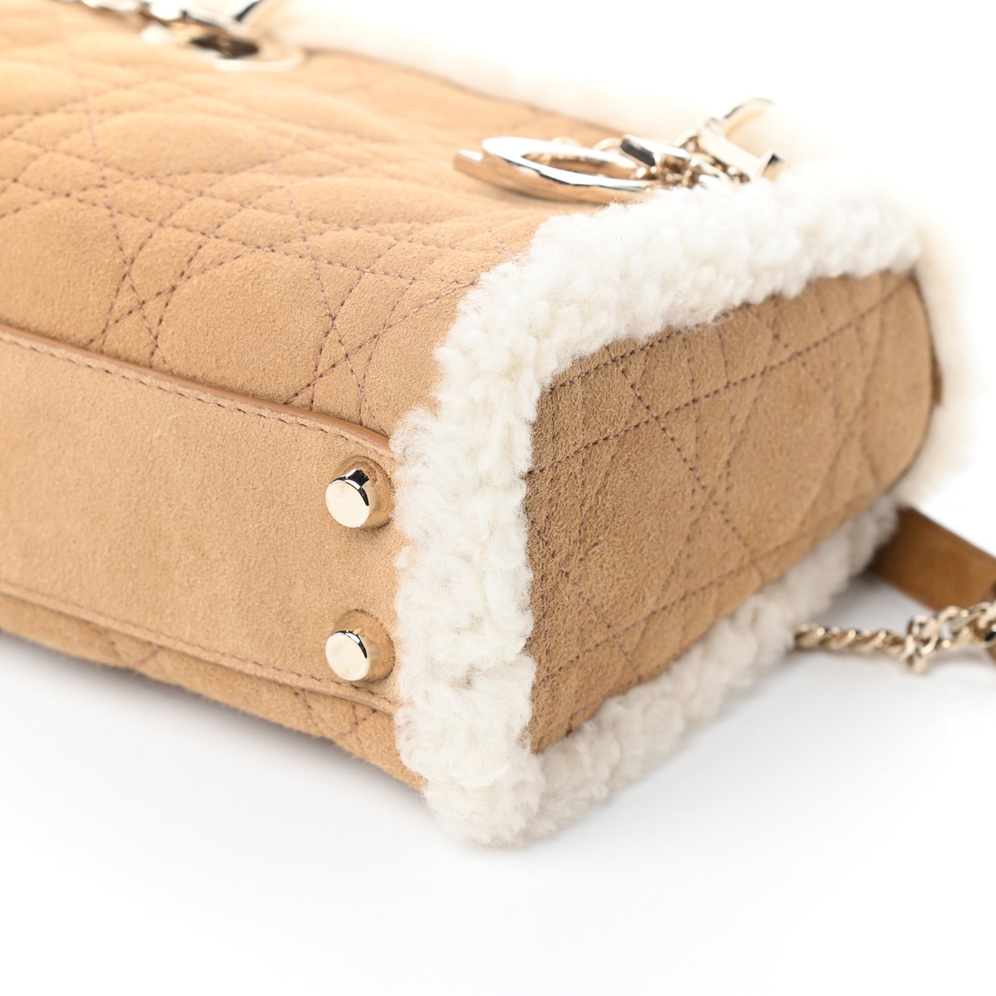 Suede Shearling Cannage Mini Lady Dior Camel